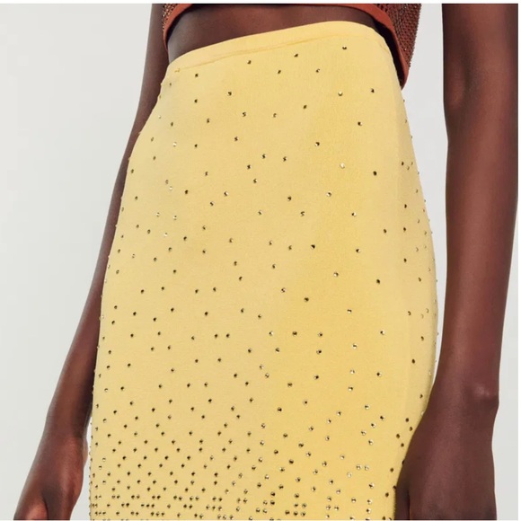 NWT Sandro Rhinestone Embellished Midi Knit Stretchy Back Slit Skirt in Yellow - Picture 5 of 12